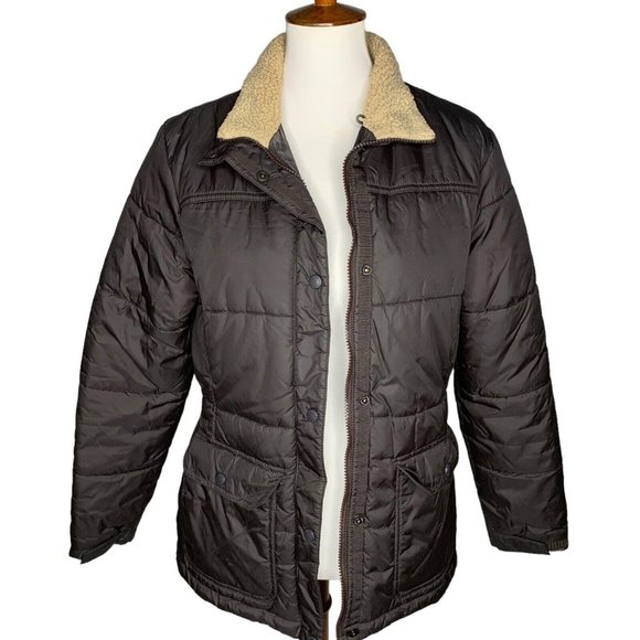 Lands End Quilted Jacket with Sherpa Collar Size Small 6 8 Brown Snap Zip Front - Picture 2 of 10